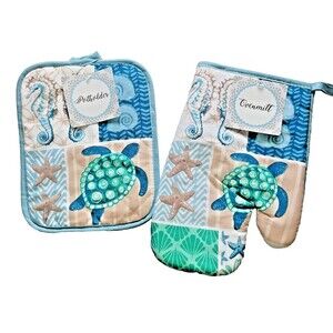 Nantucket Nautical Oven Mitt Potholder Sea Turtle Seahorse Starfish Set of 2